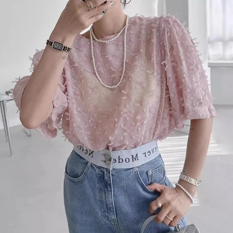 

Korean Fashion Vintage Summer Blusas Mujer O Neck Puff Sleeve Slightly Transparent Blouses Stereo Bowknot Women Clothing Shirts