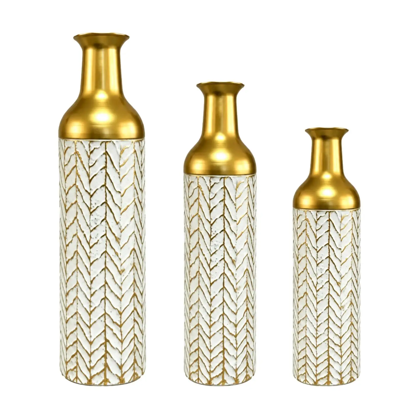 3 Pieces Herringbone Pattern Decorative Vase Gold-Toned Iron Floor Vase Textured Slim for Entryway, Living Room