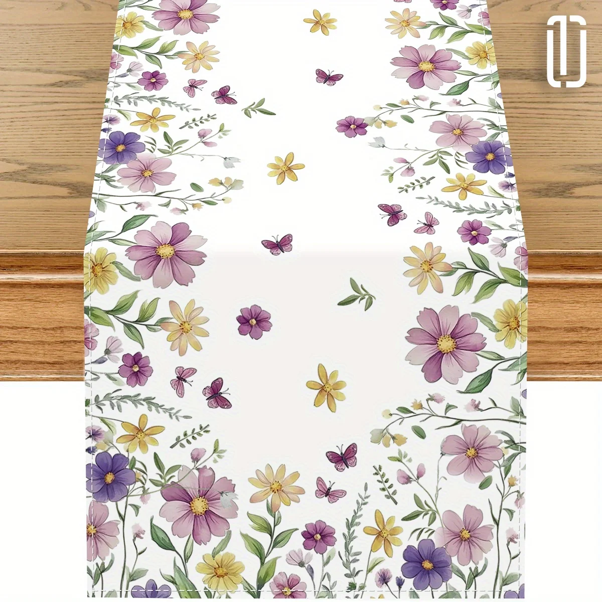 

Spring Floral Table Runner | Green Leaves, Purple Flowers & Yellow Blooms | Kitchen Dining Holiday Party Home Decor - Ideal Gift