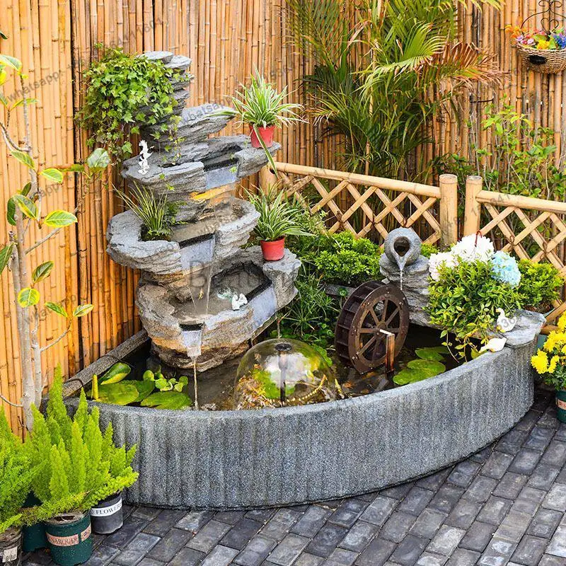 

Large rockery flowing fountain balcony outdoor floor-to-ceiling landscape fish tank terrace layout