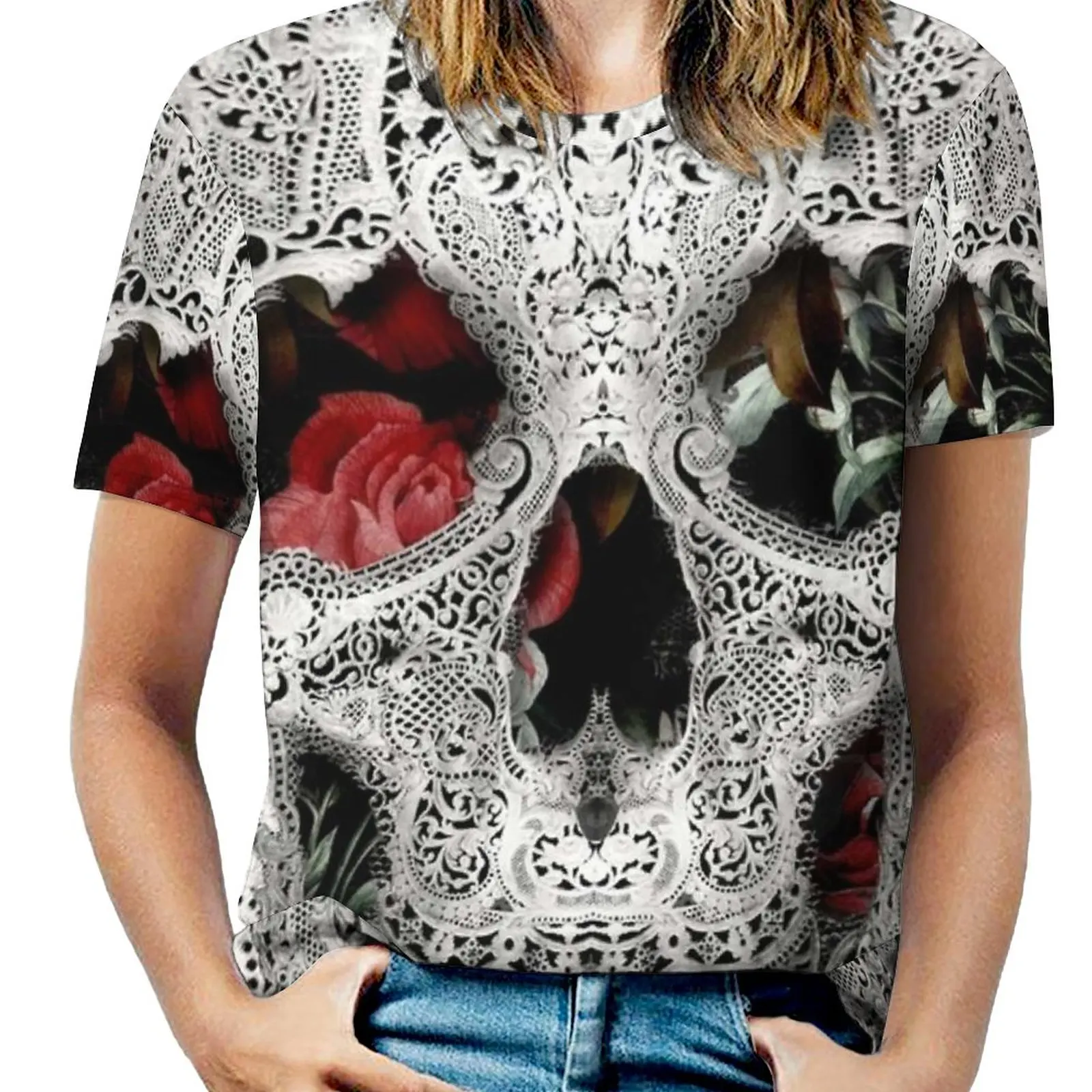 Lace Skull Light Woman'S T-Shirt Spring And Summer Printed T Shirts Crew Neck Pullover Top Lace Skull Ali Gulec Pattern Flower