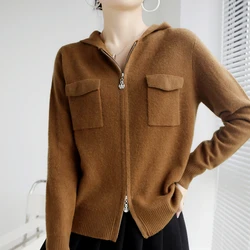 Primavera autunno nuove donne maglione abbigliamento pura lana con cappuccio stile cerniera Cardigan moda femminile Casual lavorato a maglia top giacca morbida