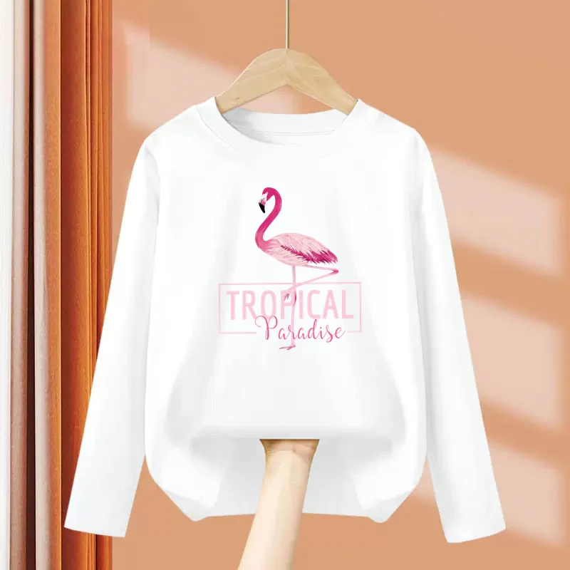 2024 New Flamingo Long Sleeved T-shirt Little Girls in Autumn Round Neck Cotton Tops Children Fashion Tees 3-14 Age