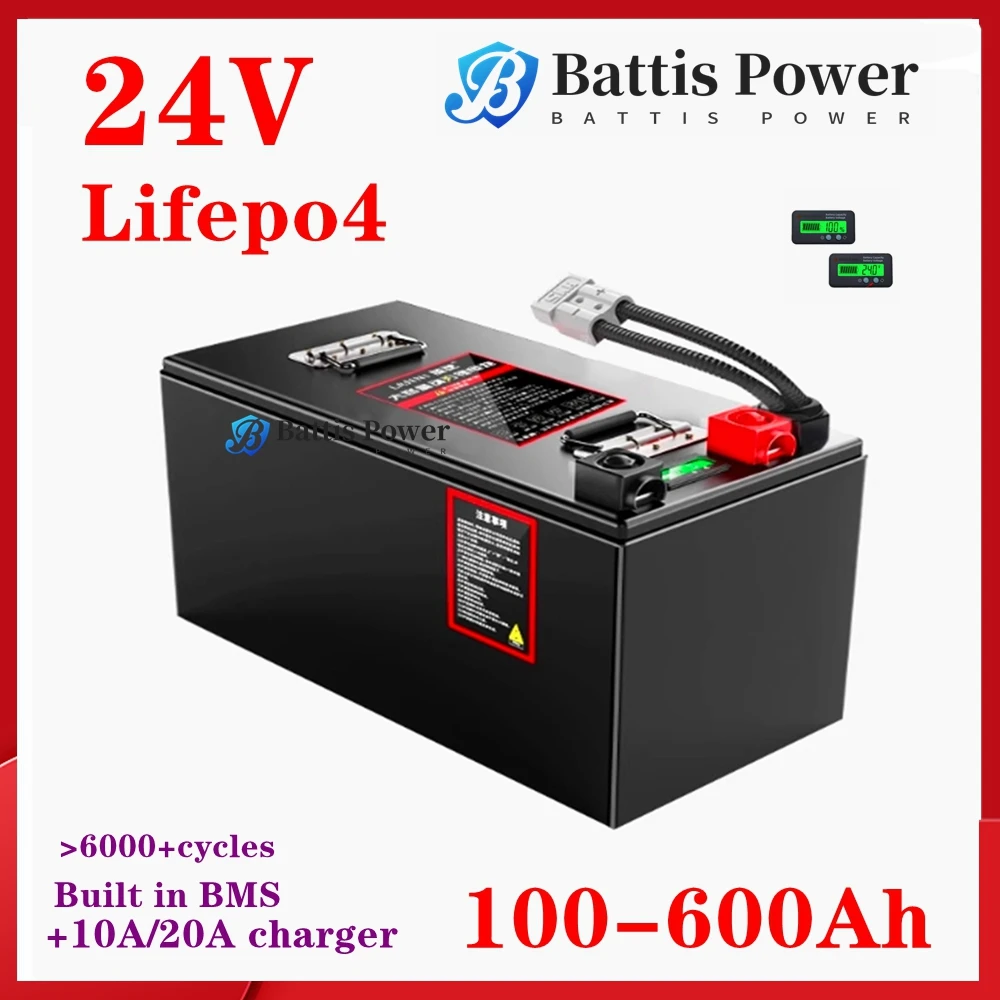 Lifepo4 24V 100Ah 150Ah 200Ah 300Ah 400Ah 500Ah 600Ah Rechargeable Battery for 2000W Solar System UPS Trolling Motor RV Boat