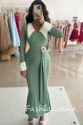 Fashionvane 2024 Customized Mermaid V Neck Long Sleeves Pleated Tea Length Prom Dress Formal Gown Elegant Women Dress