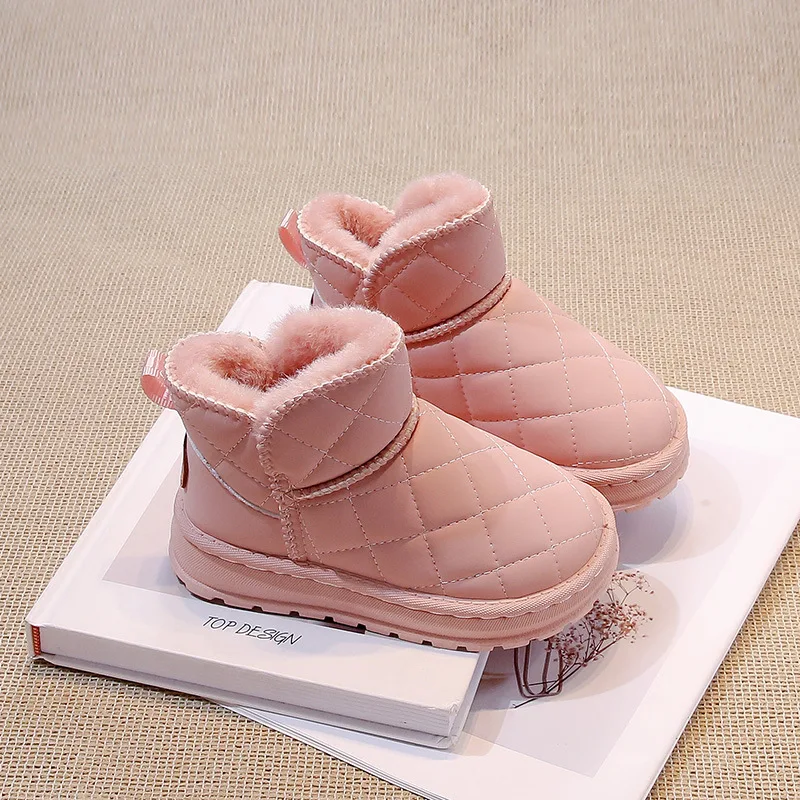 

Children Winter Thick Soft Soled Short Boots Girls Add Velvet Thickened Cotton Snow Boots Boys Checkered Upper Solid Color