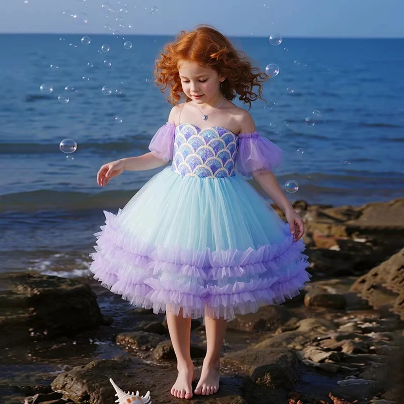 Mermaid Cosplay Baby Girls Princess Dress Luxury Sequins Tulle Purple Off Shoulder Ruffles Birthday Party Performance Dress