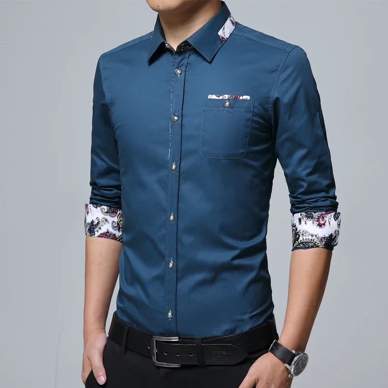 Men's Blue Long Sleeve Patchwork Shirt, Fashion Casual Shirts, Single Breasted Square Collar Top,China Size M-5XL,Camisa Chemise