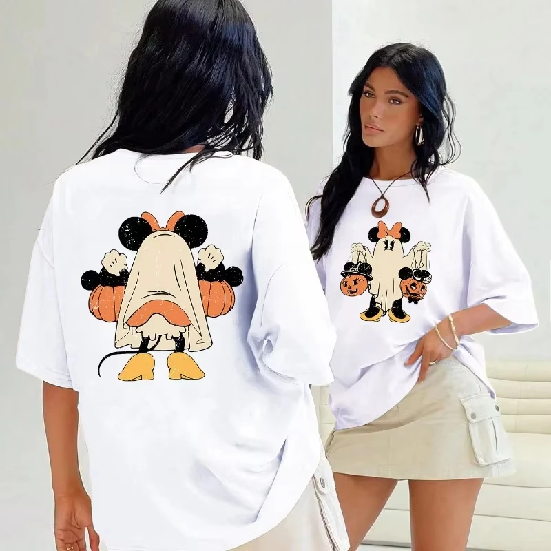 

Disney Minnie Mouse Halloween Pumpkin Lantern Front and Rear Printed T-shirt Women's New Plus Size Loose Casual Short-sleeved