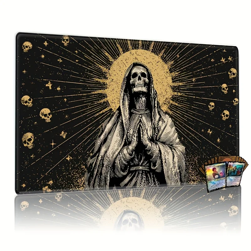 

A Black And Golden Prayer Skull Gaming Mat, Measuring 24X14 Inches, Compatible with Mouse Pads,