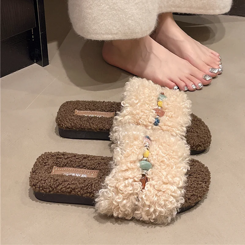

Furry Women's Slippers Flats Elegant Cotton Shoes Bohemian Short Plush Snow Boots 2025 Fashion Comfort New Brand Mujer De Botas