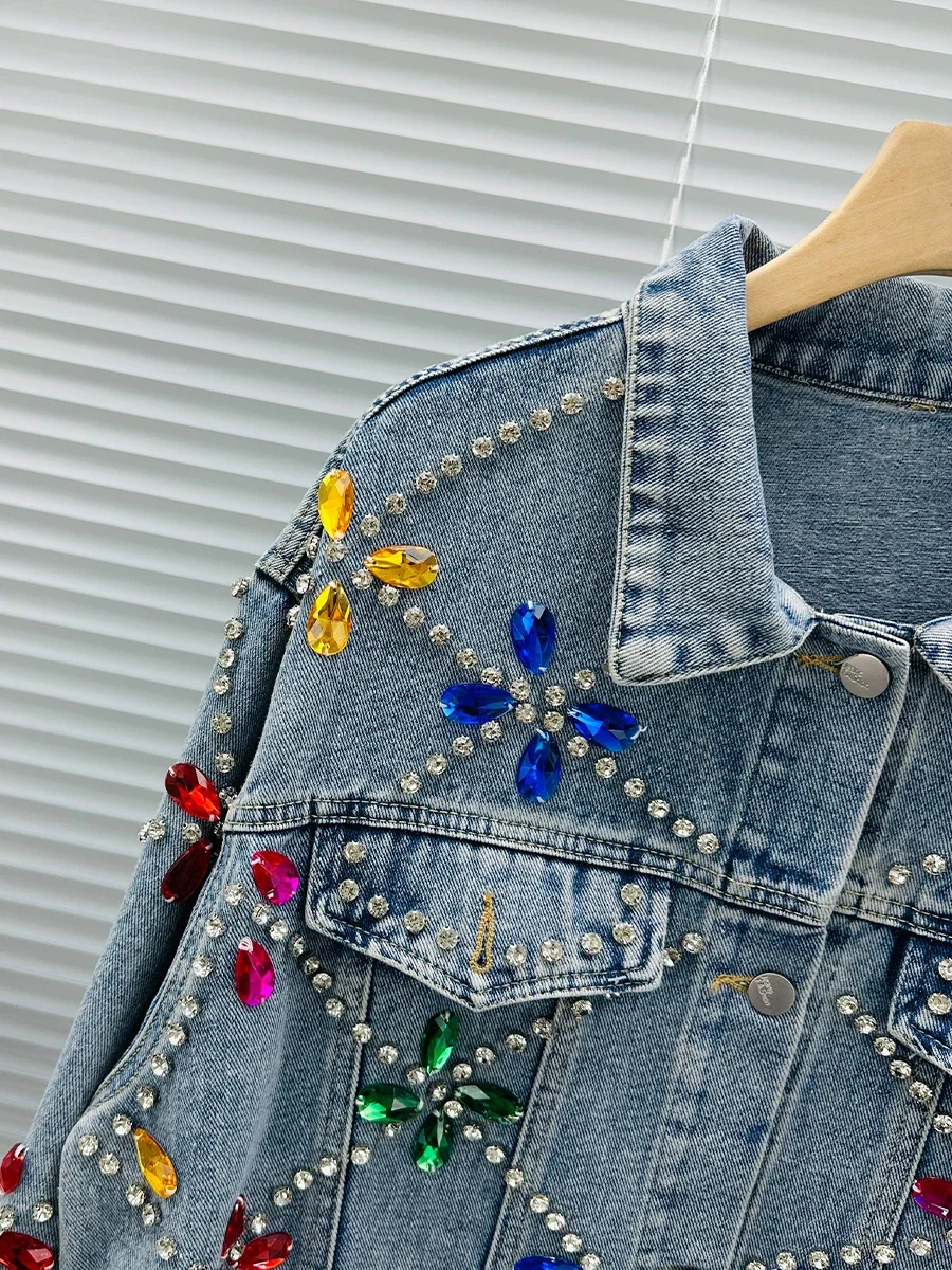 Exquisite Rhinestone Denim Coat Female 2024 Autumn New Fashionable Loose All-Match Streetwear Long Sleeve Women Jackets