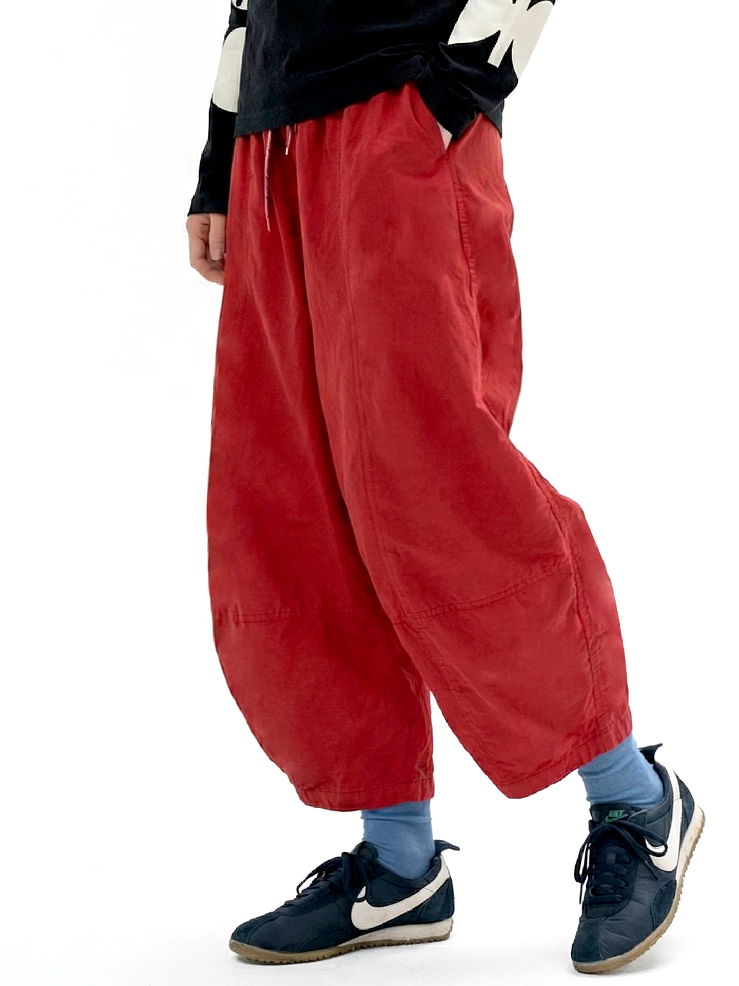imakokoni2026 Pantalones casuales de algodón sueltos de primavera con cordón y cintura alta rojos para mujer, estilo retro, tipo farol 265393