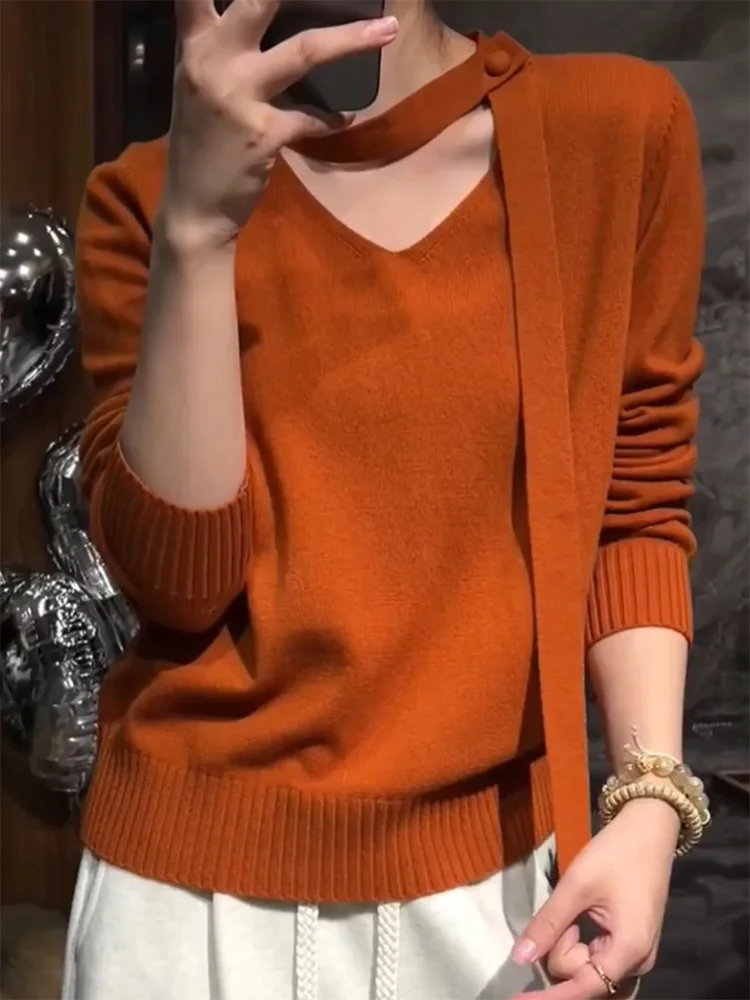 

Корейский дизайн, трикотаж с v-образным вырезом Sa Faionable Ele, утягивающий топ, женский осенне-зимний новый шерстяной свитер Camere больших размеров
