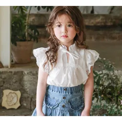 2026 Summer Style baby Girl's Thin Cotton and Western Style Black Ear Collar Embroidered Lace Shirt T-shirt
