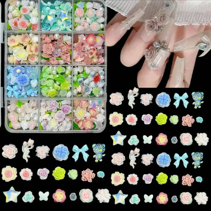 1Box Colorful Peony Camellia Flower Mixed Nail Charms Multiple Styles Flowers Series Fresh Summer Nail Art Decoration DIY Nails