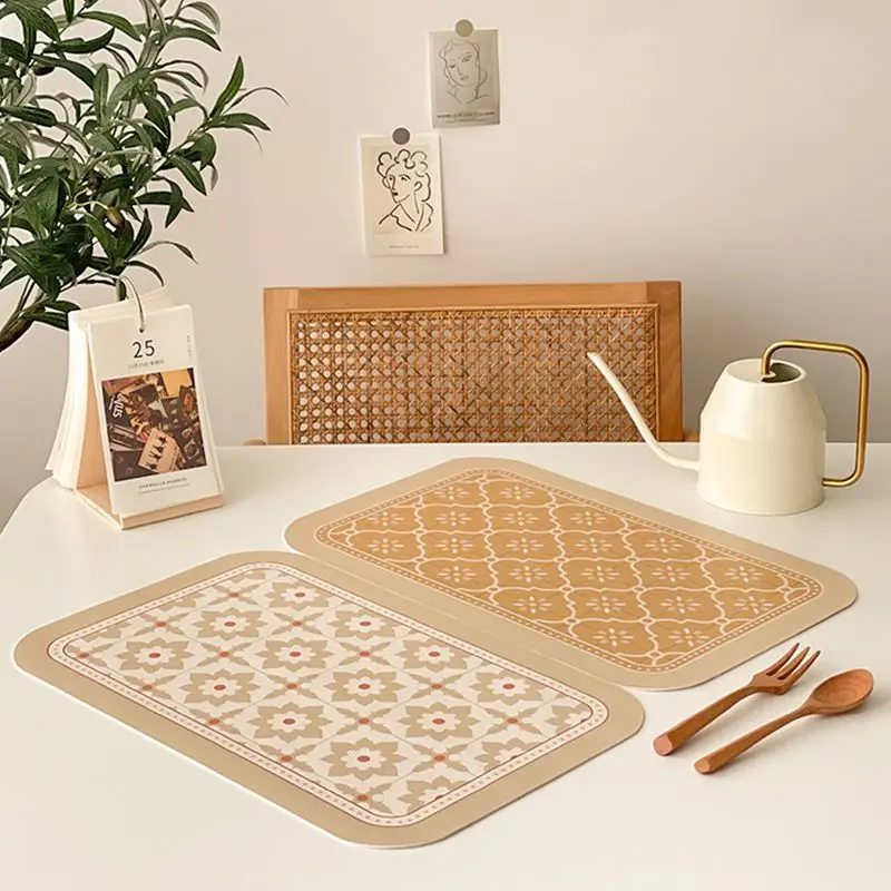 30x45cm retro beige yellow geometric pattern table mat waterproof/oil-proof heat-insulating mat pu leather bowl coaster