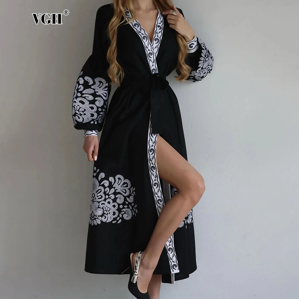 

VGH Hit Color Patchwork Lace Up Casual Dresses For Women V Neck Lantern Sleeve High Waist Temperament Long Dress Female Fashion