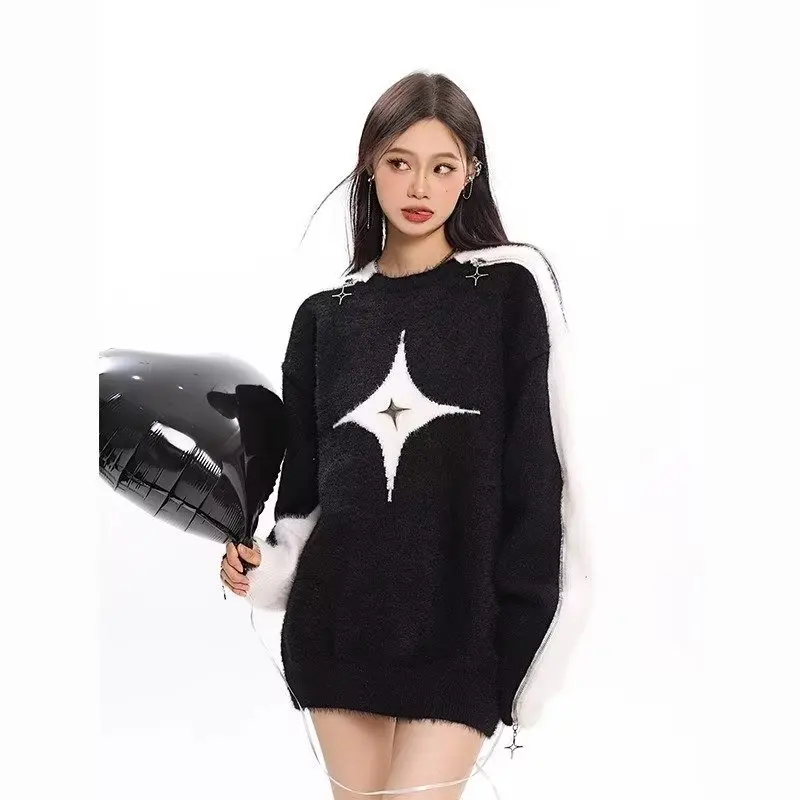 

V-hanver Y2K Women Korean Vintage Oversized High Street Sweater Aesthetics Long Sleeve Sweaters Bare Shoulders Grunge Pullovers