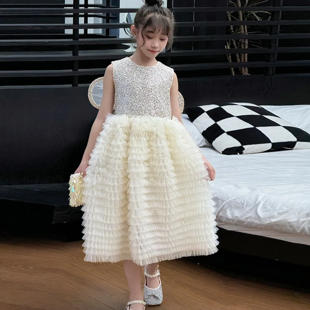 Butterfly Bow Wings Children Princess Dress Sleeveless Round Neck Sequin Kids Birthday Cake Dress Loose Long