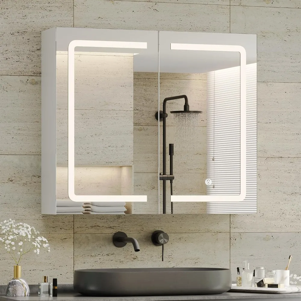 

Bathroom Medicine Cabinet with Mirrors and Led Lights Double Doors Wall Mounted Mirror Cabinet with Storage