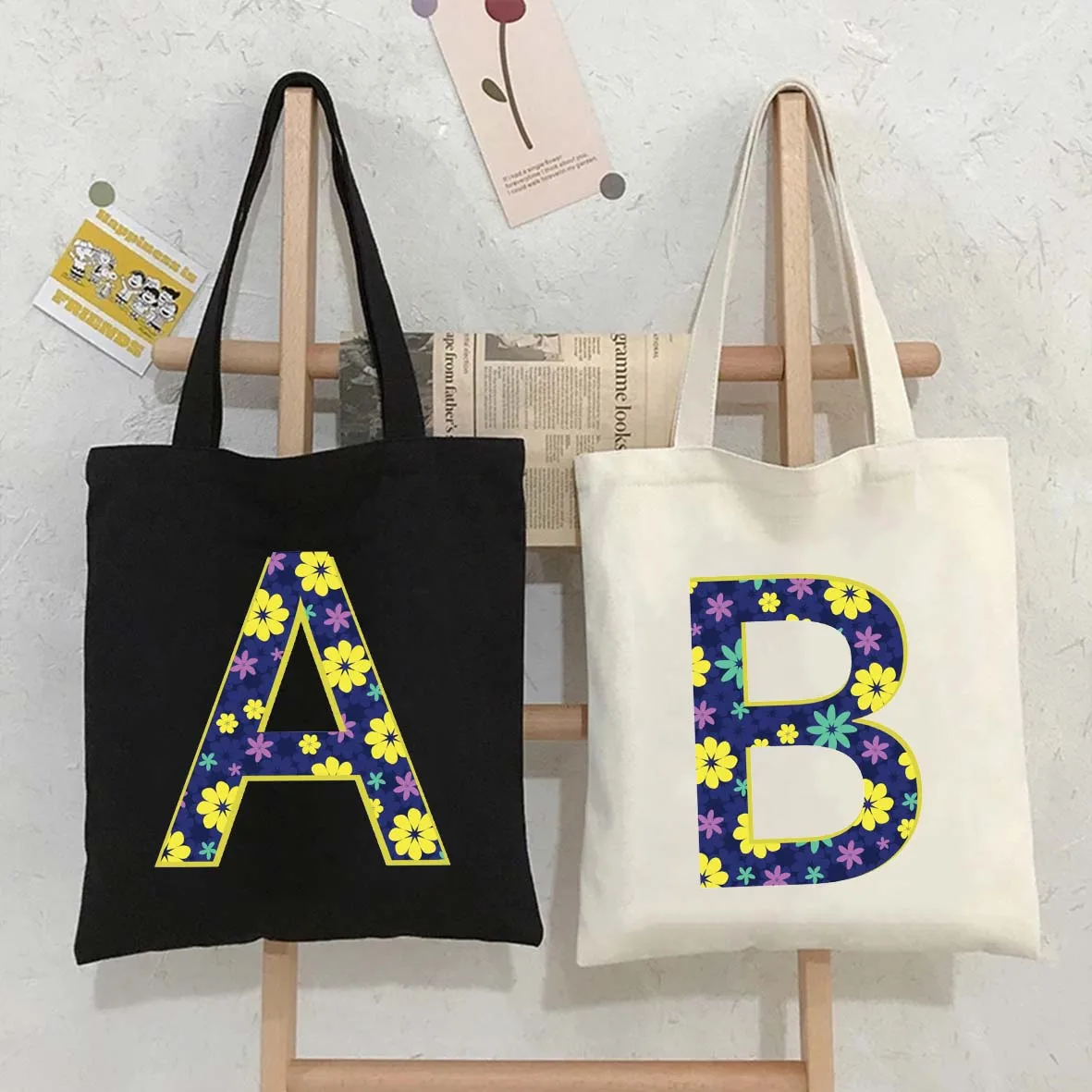 Floral English Alphabet A to Z Initial Letter Print Flower Watercolor Handbags Cotton Bag Shopper Canvas Tote Bag Women Hand Bag