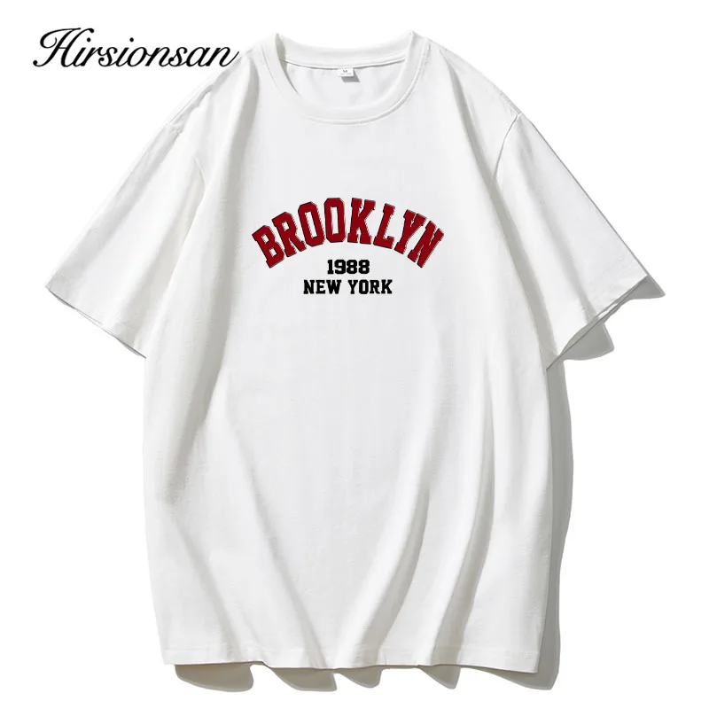 Hirsionsan 100% Cotton American Style Letter Print T Shirt Women 2024 Summer New Basic Tees Casual Loose Female Couple Top Kpop