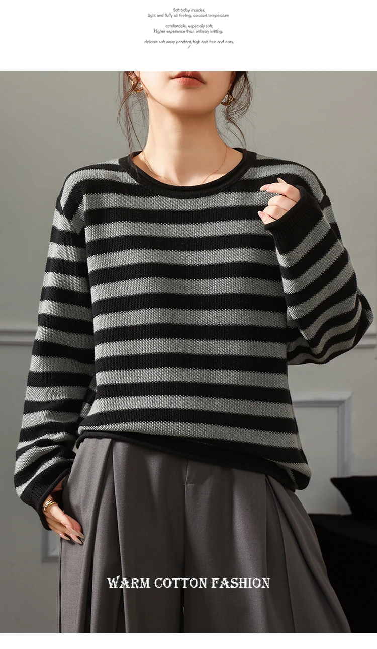 Fashion 100% pure cotton women's sweater autumn and winter casual striped knitted top loose Korean round neck women's pullover