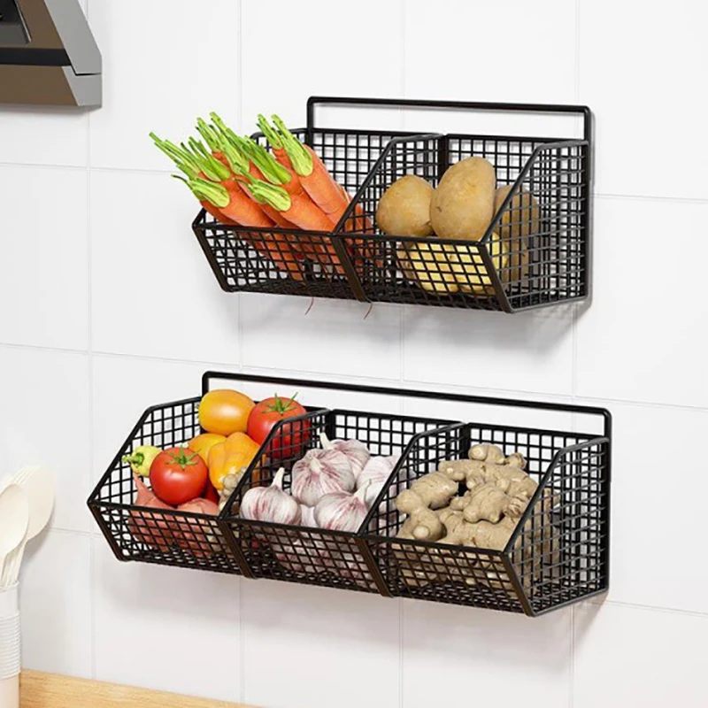 Wall Mounted Storage Rack Onion Ginger Garlic Condiments Spice Kitchen Shelf Punch-Free Vegetable Fruit Drain Basket Kitchen