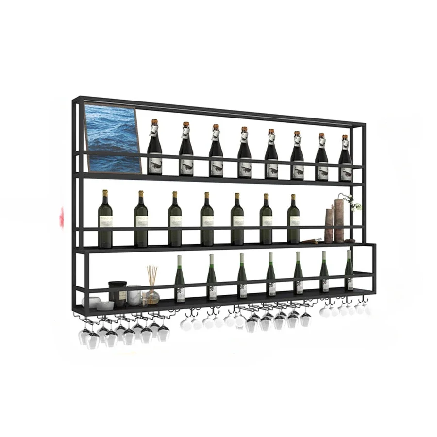 

Hanging Wine Rack Wall Mounted Led Lights Black Shelf Night Club Restaurant Decorative Wine Cabinet Iron Bar Furniture