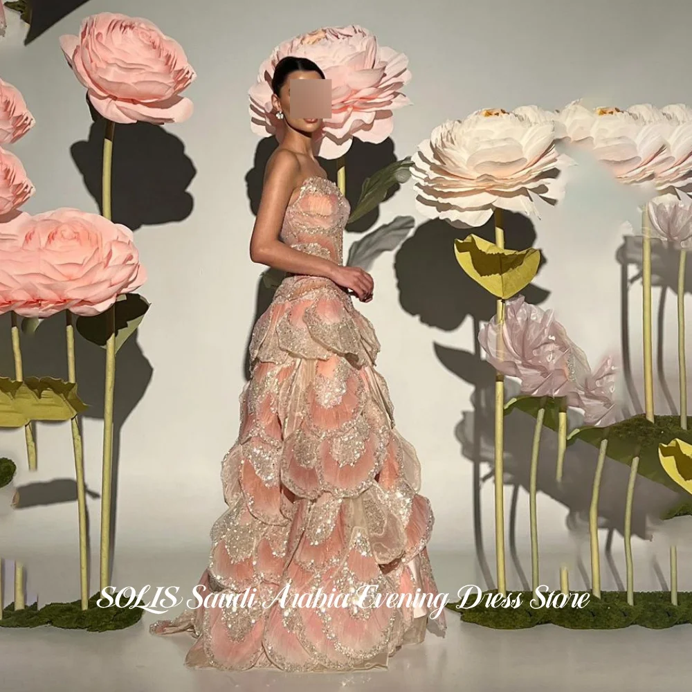 SOLIS Luxury Blush Pink Strapless Evening Dress Petal Ruffle Beaded Crystal Prom Gown Long Tiered Wedding Party Dress Customized