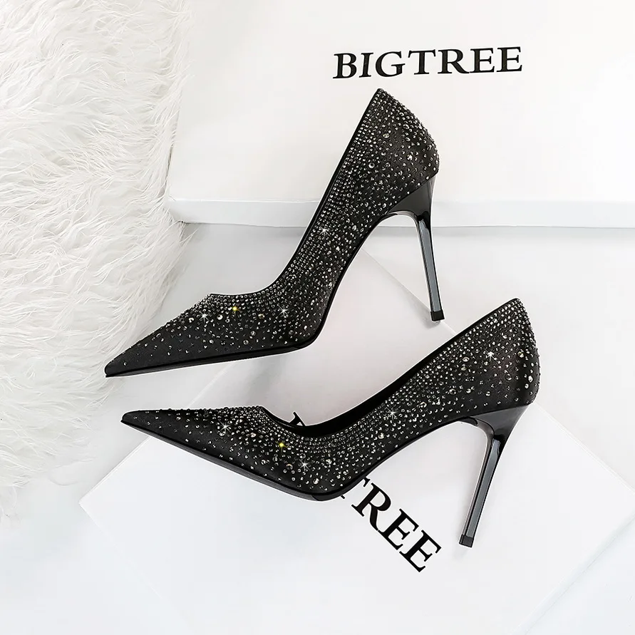 BIGTREE Shoes Sparkle Rhinestones Women Pumps Luxury High Heels Satin Women Shoes Fashion Wedding Shoes Metal Heel Stiletto 2022