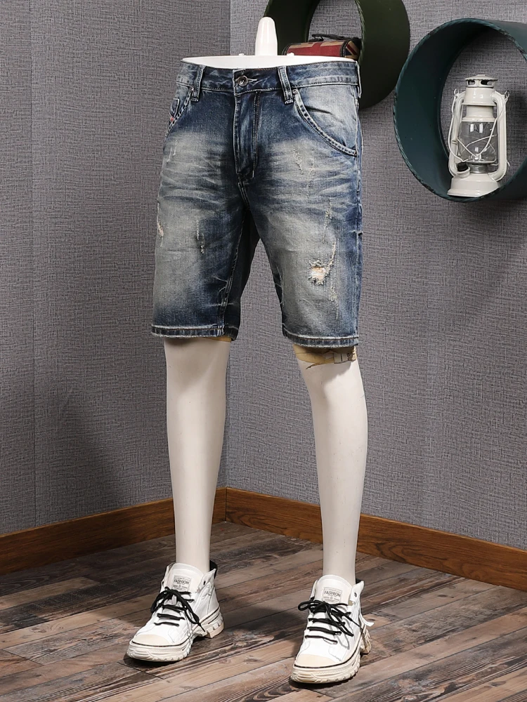 High Quality Summer Old Scratch Washed Vintage Casual Stretch Denim Shorts for Men Slim Fit Straight Half Jeans Y2k Youth Male