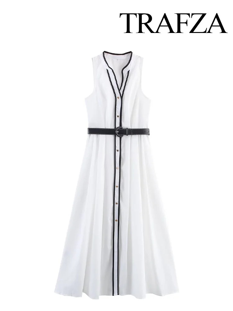 

HH Women's Fashion V-neck Vintage Striped Trimming Knitted Dress Female Elegant High Street Casual Lace-up Sleeveless Dress