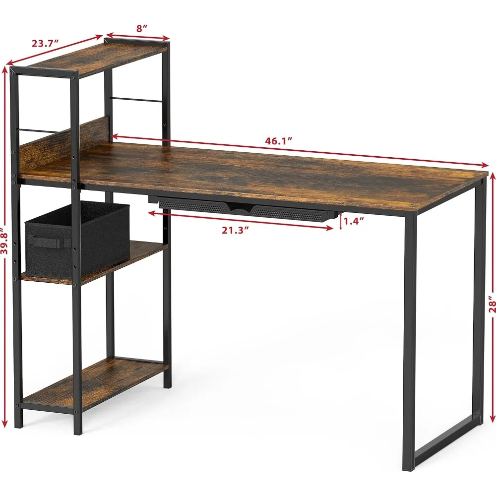 Rustic Brown 46-Inch Computer Desk with Side Shelf and Drawer for Home Office Mission Style