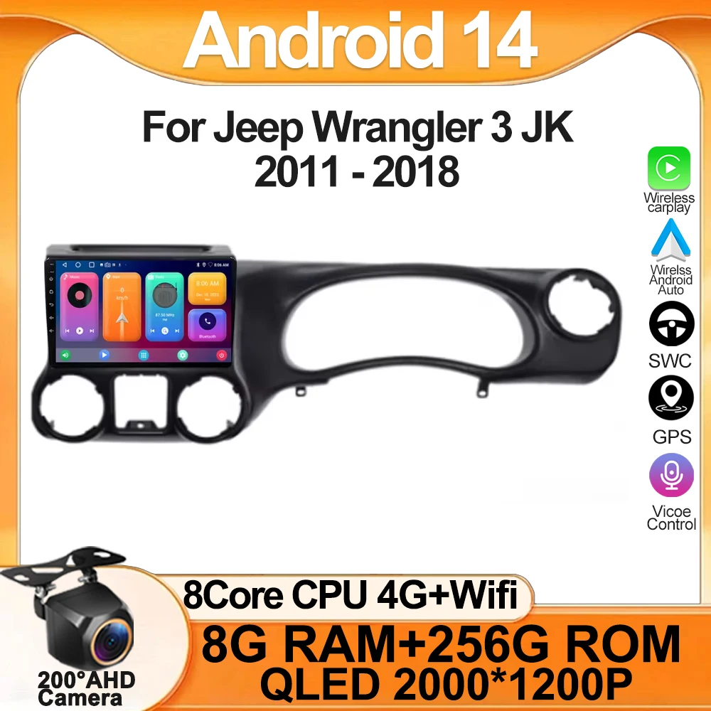 For Jeep Wrangler 3 JK 2011 - 2018 Android 14 Car Navigation GPS Video Radio Player Wireless Carplay Touch QLED HDR Screen 5G BT