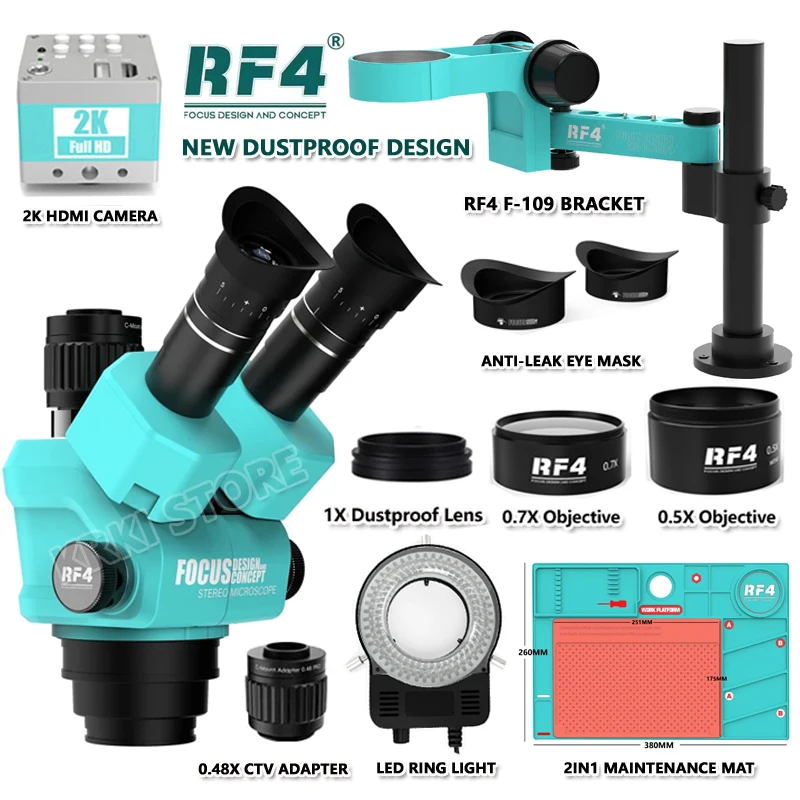 RF4 Simul-Focal Stereo Trinocular Microscope 4K HDMIUSB Camera 360 ° Rotation Articulating Arm Stands Phone Soldering PCB Repair