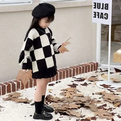 Baby Girls Autumn New Children's Checkerboard Sweater 2024 Spring Baby  Kids Casual Versatile Knitwear Top Plaid Pullover Top
