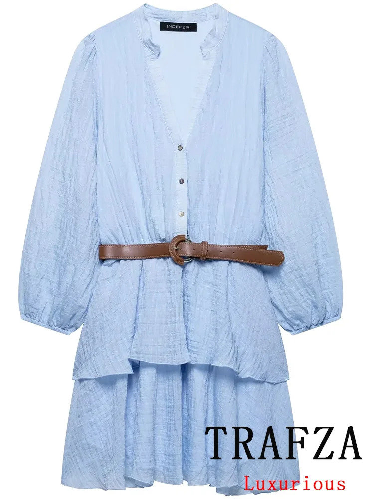 

TRAFZA Casual Chic Women Dress Solid V-Neck Single Breasted Long Sleeve Sashes Mini Dress New Fashion 2025 Spring Summer Dress