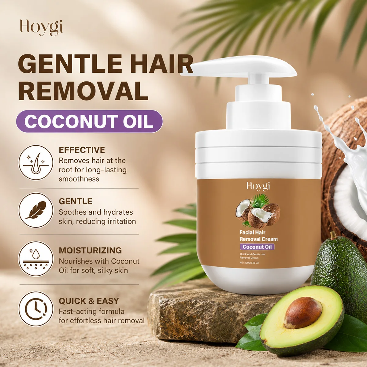 Facial Hair Removal Cream Coconut Oil Body Hair Remover Cream for Women, Gentle Painless Removes Lip Hair Beard Quick Effective