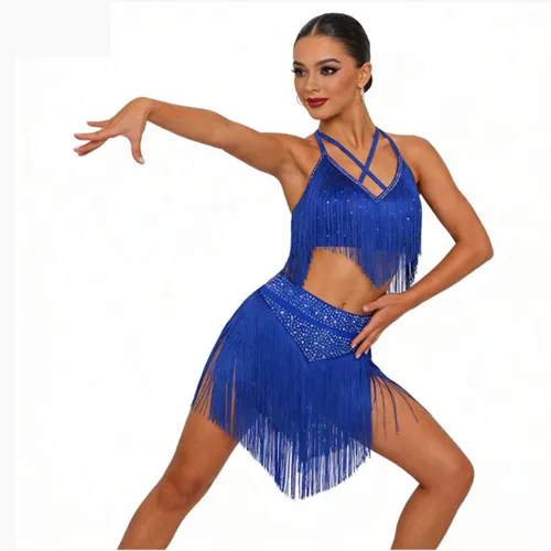 Imagen 2 del producto Traje de Baile Latino para Mujer, Salsa, Chachachá, Tango, Top Corto con Cuello en V y Espalda Cruzada con Flecos y Falda con Borlas en Capas