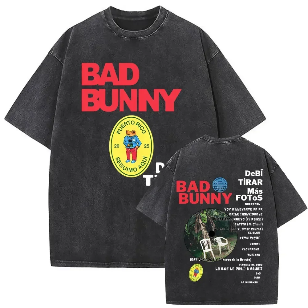 Camiseta con estampado de rapero Vintage lavada para hombre, camiseta con estampado de cara de Bad Bunny DeBi TiRAR MaS FOToS DTMF, camiseta de cuello redondo a la moda de Hip Hop