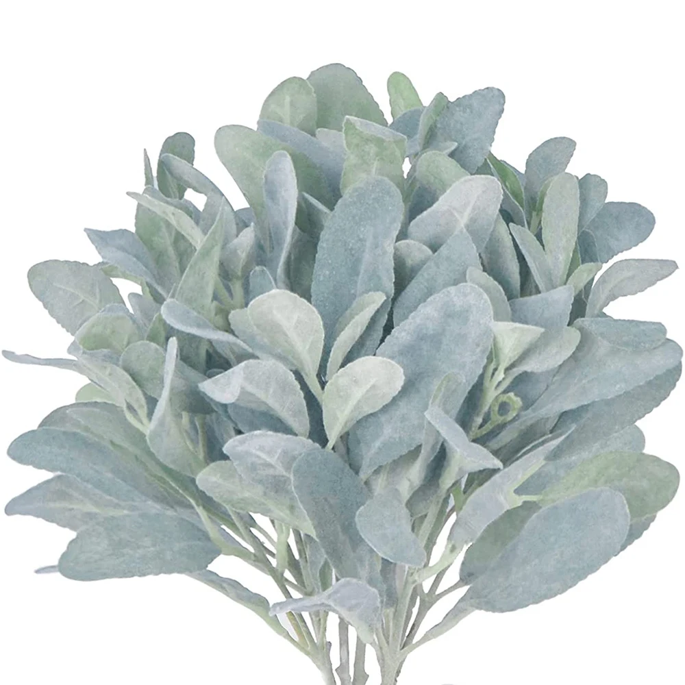 Faux Lambs Ear Stems 5Pcs Flokowana sztuczna zieleń Solid Spray Fake Rabbit Ear Leaves for Home Wedding DIY Craft