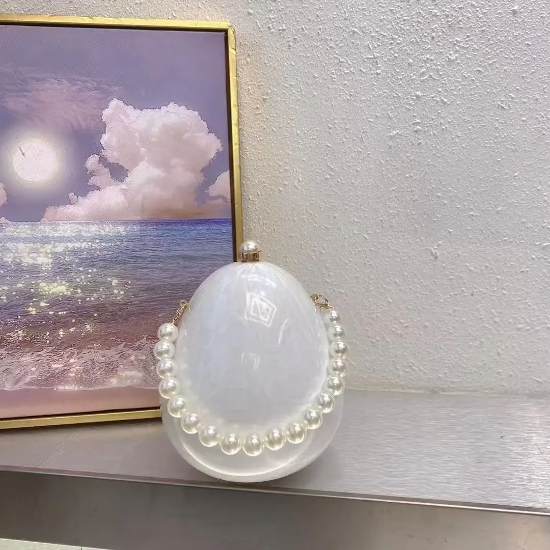 Fashion Acrylic Goose Egg Bag Shimmer Women Handbag Pearl Beading Handheld Clutch Purse Wedding Party Shoulder Crossbody Bag 3