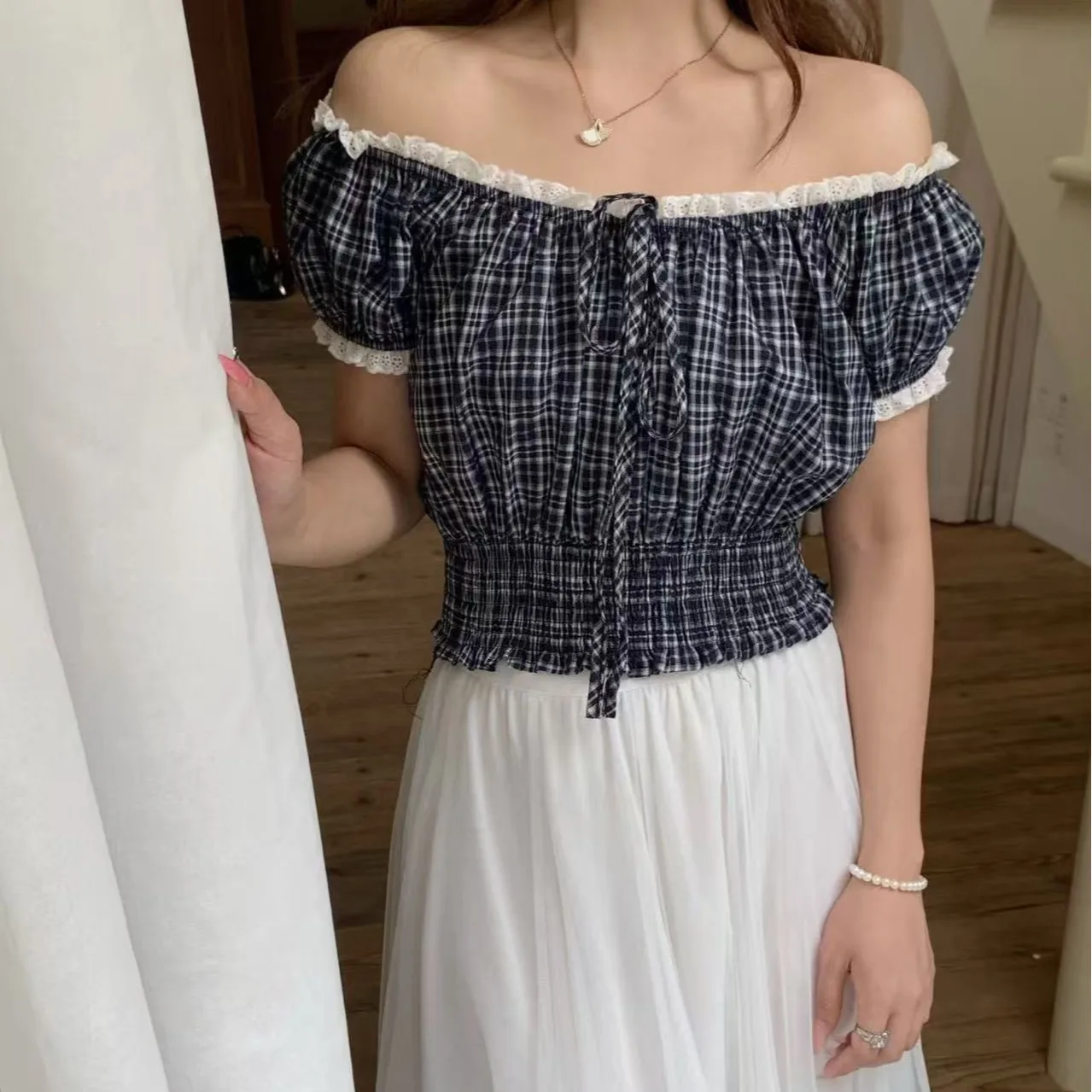 

Chic Korean Style Shirt Women's Short Plaid Wrap Waist One Shoulder French Style Bubble Sleeve Breathable Summer New Arrival
