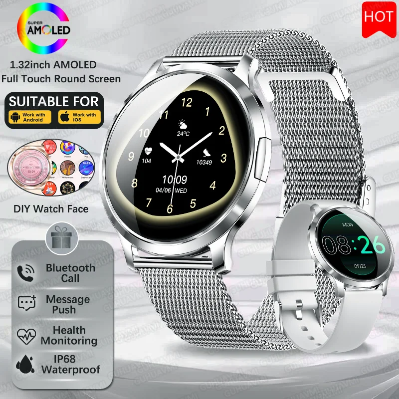 

2025 женские умные часы 1,32 дюйма AMOLED ультратонкий дисплей Bluetooth телефонные звонки трекер здоровья IP68 водонепроницаемые умные часы для женщин