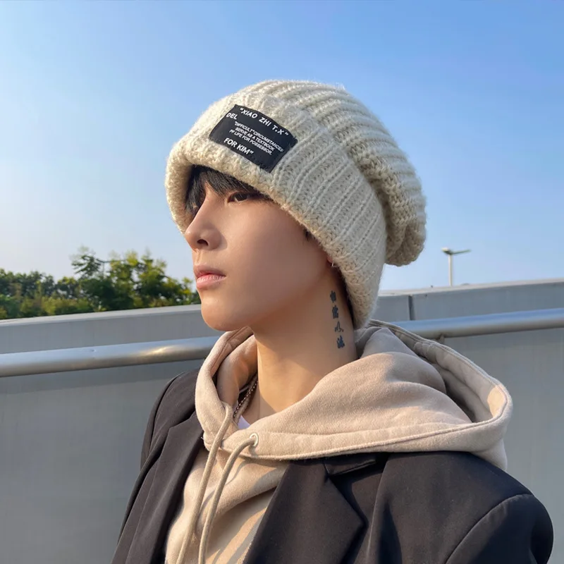 남성용 니트 모자, 따뜻한 차가운 비니 모자, 느슨한 큰 머리웨어, 뜨게 모자, 가을 및 겨울, 2023