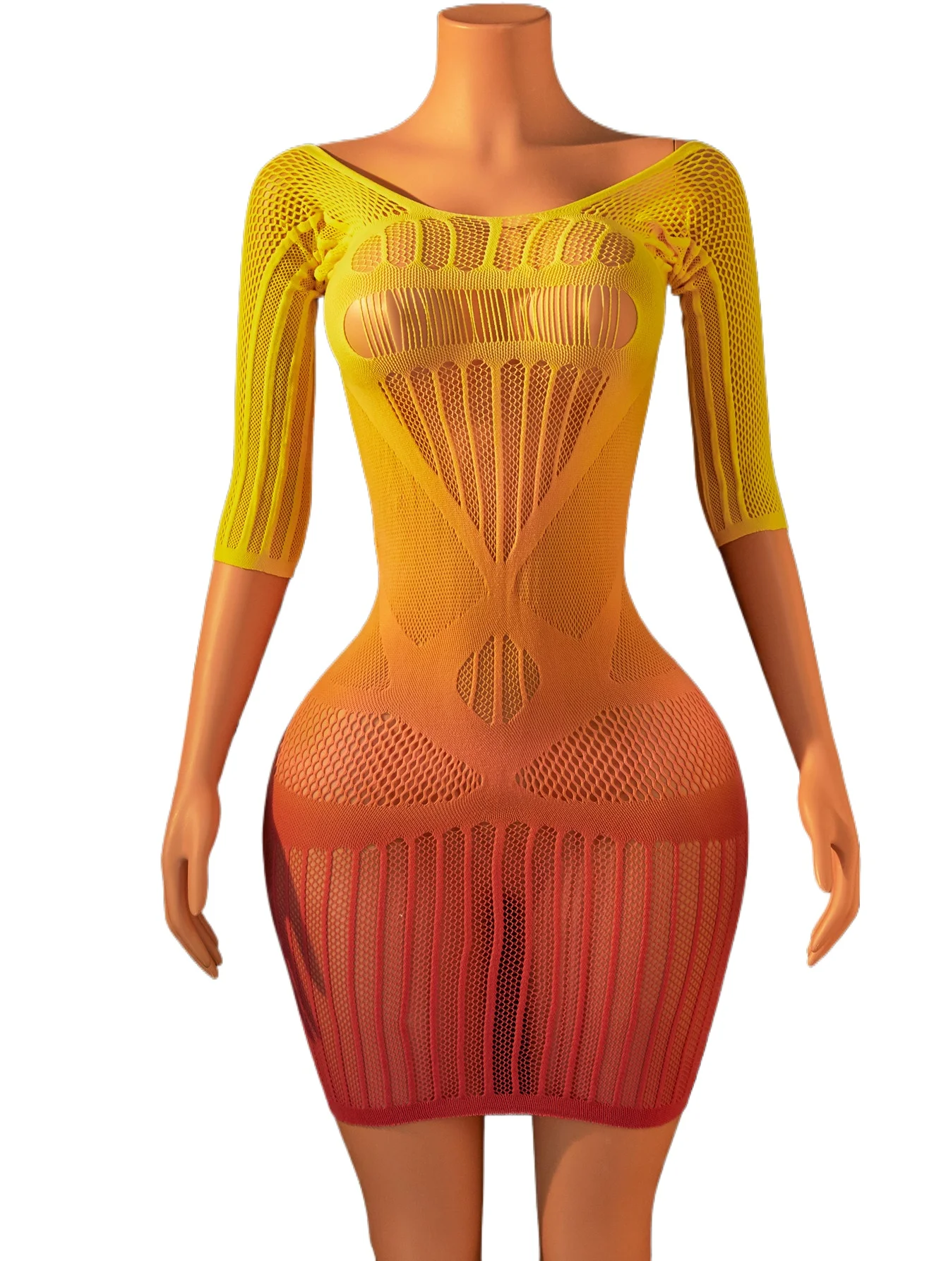 FHSEER Women's Sexy Lingerie Gradient Color See Through Mesh Dress Half Sleeve Cutout Bodycon Mini Dress Night Club Party Wear