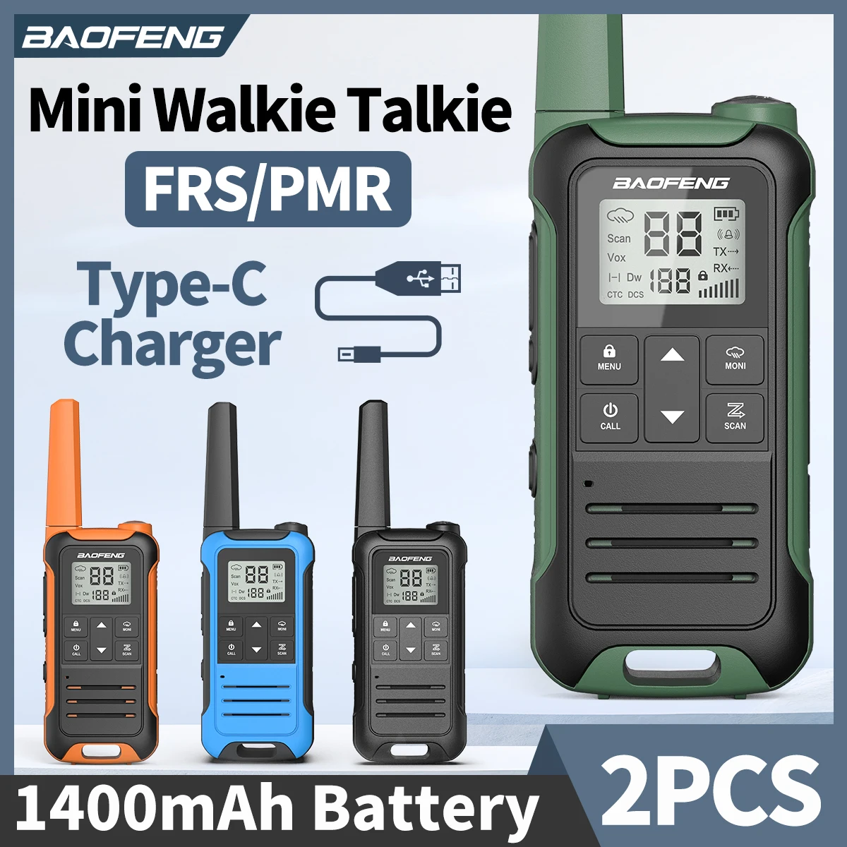 2PCS Baofeng F22 Long Range Walkie Talkie PMR/FRS Rechargable Type-C Charger Portable Two Way Radio For Camping