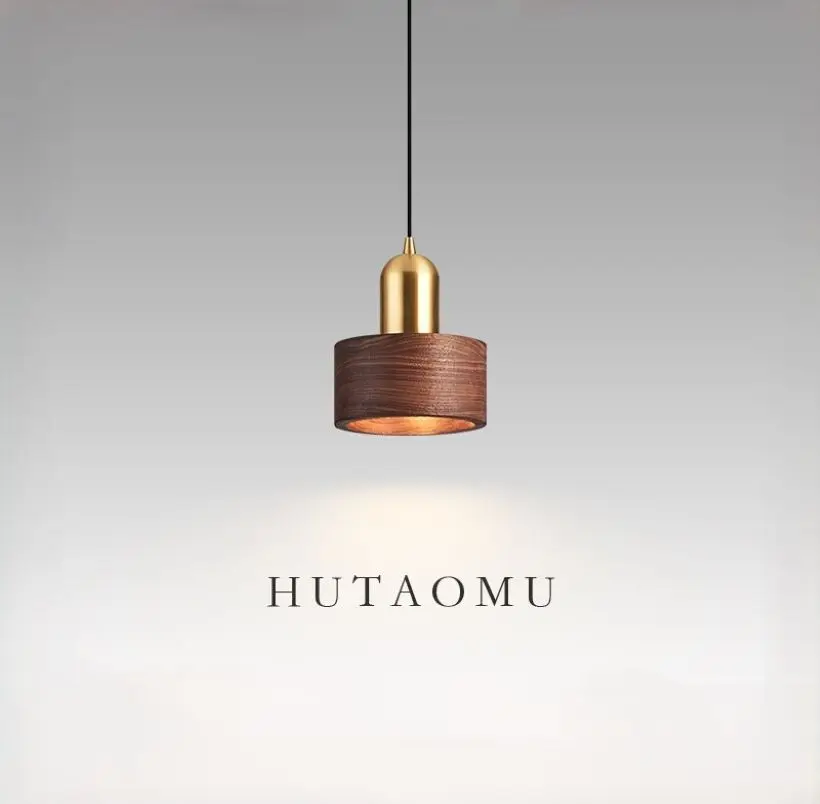 Chinese Style LED Pendant Light Walnut Wood Material Lampshade for Hotel Balcony Study Home Interior Bedroom Chandelier Decor
